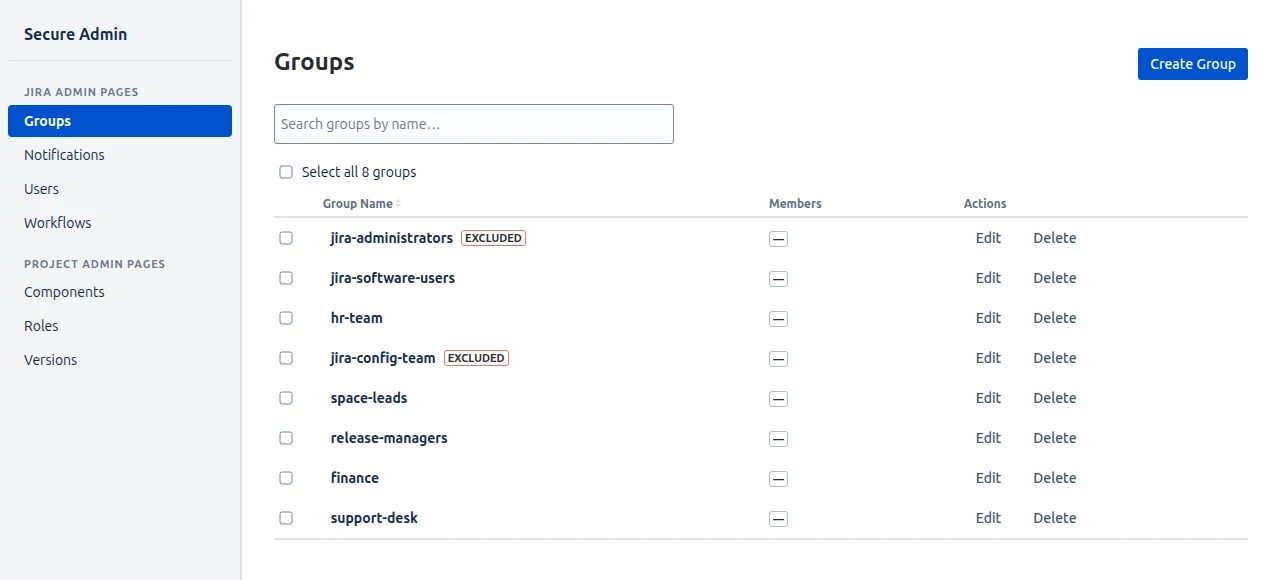 Secure Admin Cloud - Space page showing the Groups page